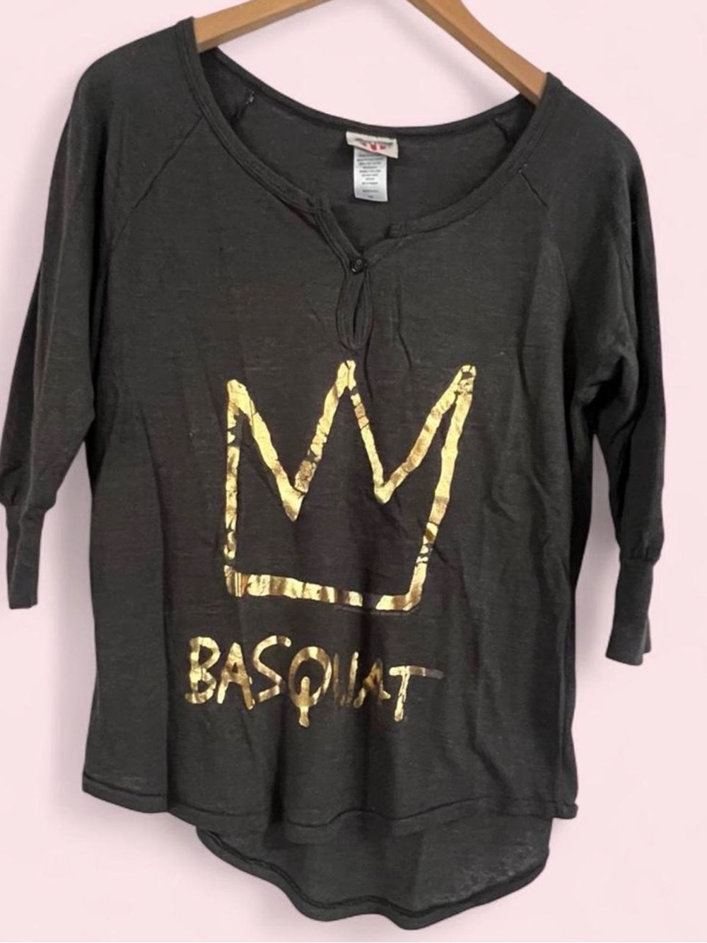 Junk Food Clothing Black Long Sleeve Tee with Gold Basquiat Crown